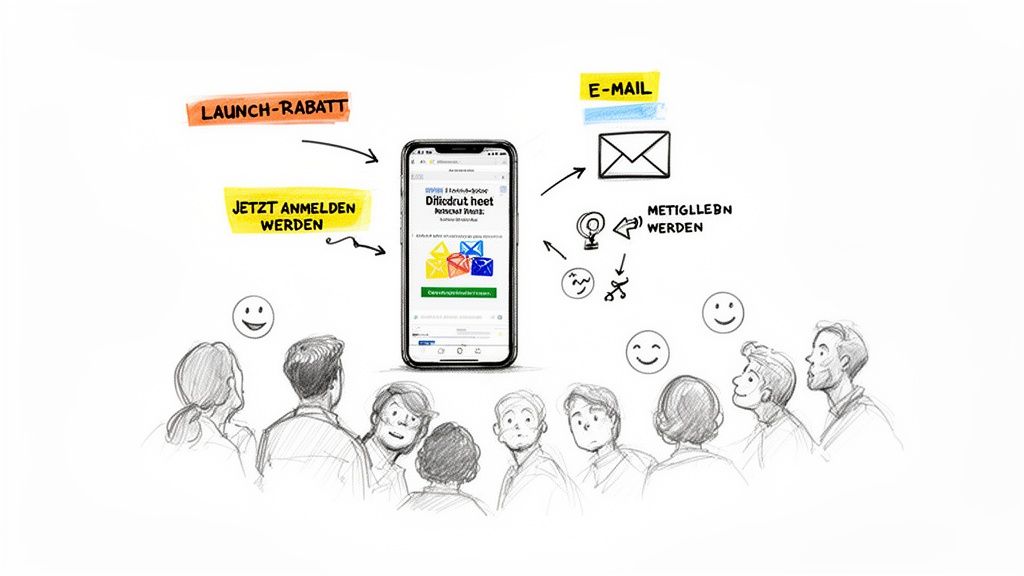 Eine Skizze zeigt Menschen, die auf ein Smartphone mit einer App blicken, um Launch-Rabatte und Anmeldungen zu sehen.