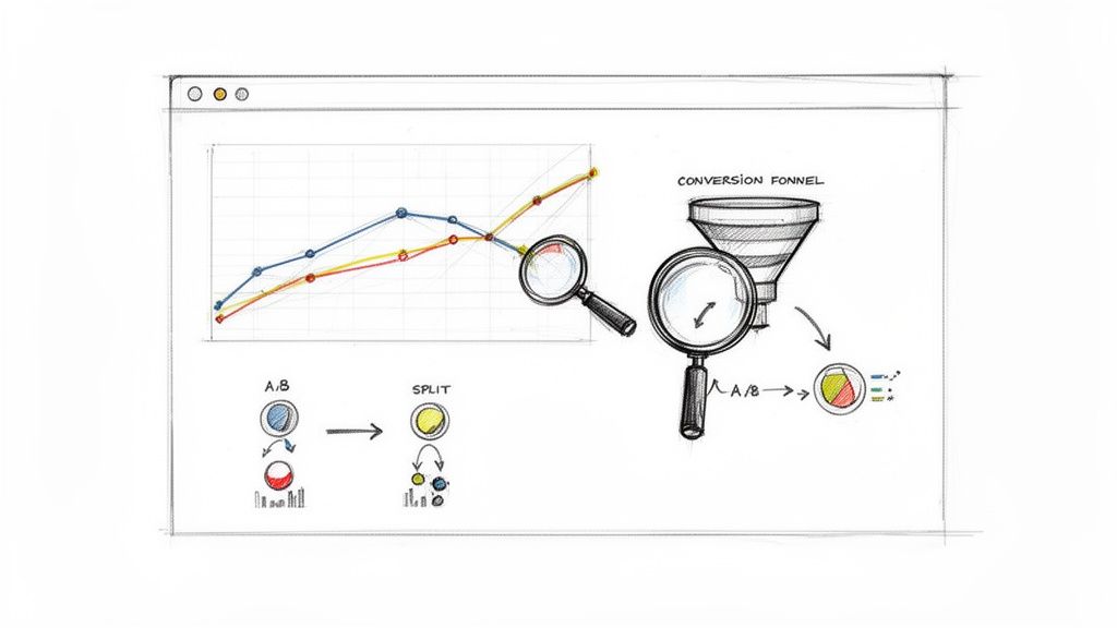 Das Bild zeigt digitale Marketingkonzepte: A/B-Tests, Conversion-Trichter und Webanalyse zur Optimierung von Landing Pages.