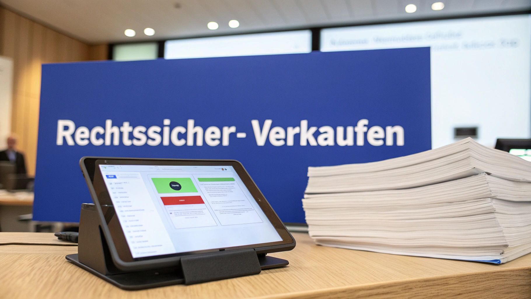 Tablet mit Verkaufsinterface und Papierstapel am Schalter für rechtssicheren digitalen Verkauf