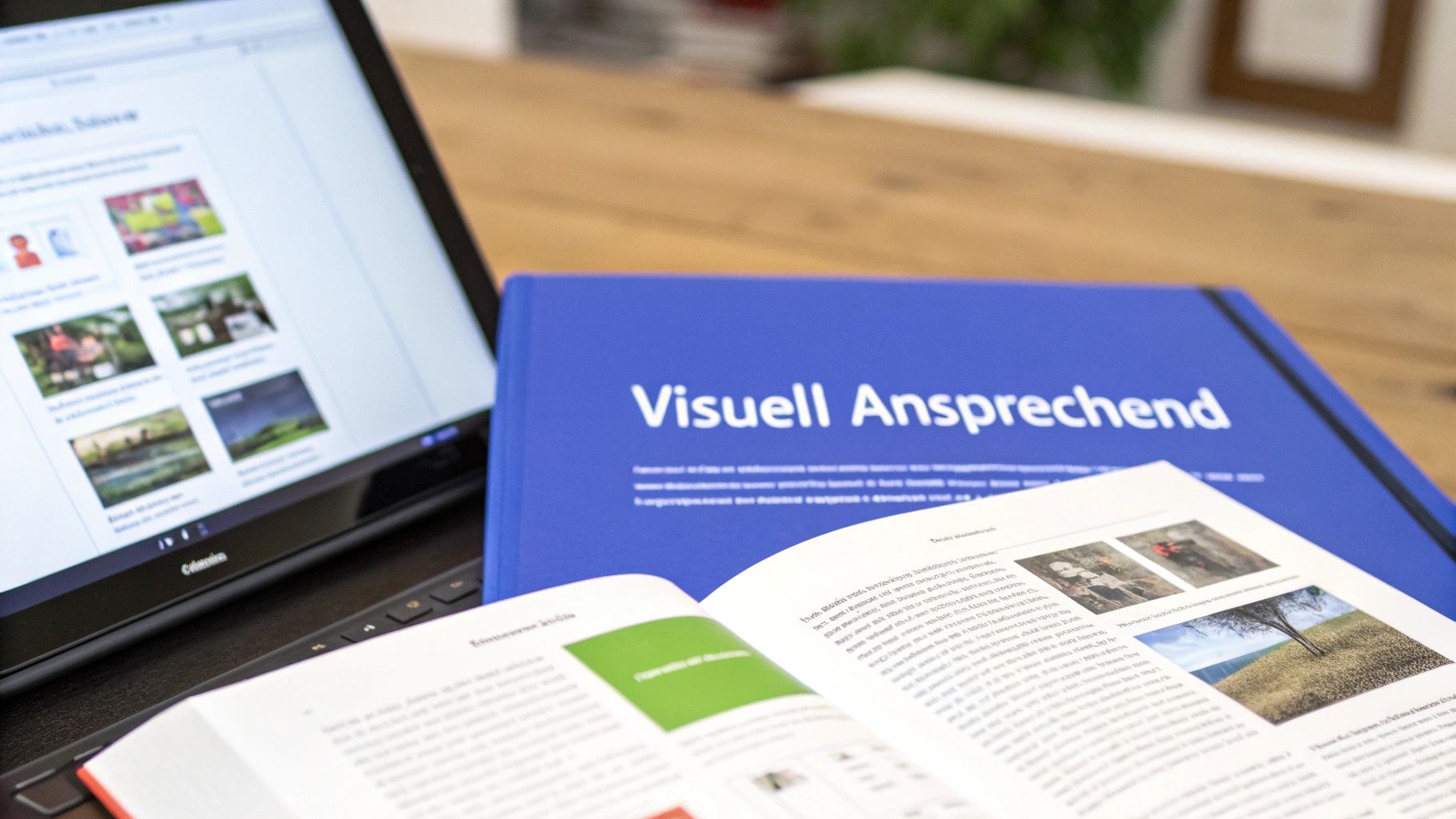 Ein Laptop mit Bildgalerie, ein offenes Buch und ein blauer Ordner "Visuell Ansprechend" auf einem Holztisch.