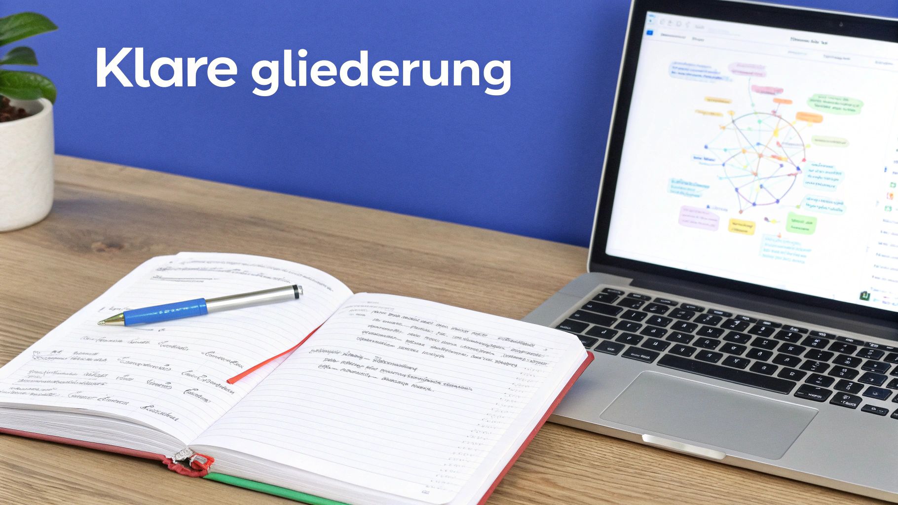 Ein Schreibtisch mit Laptop, Notizbuch, Stift und Pflanze, der eine klare Gliederung symbolisiert.