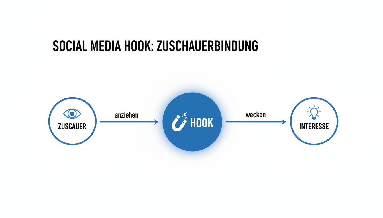 Flussdiagramm erklärt, wie ein Social Media Hook Zuschauer anzieht und Interesse weckt.