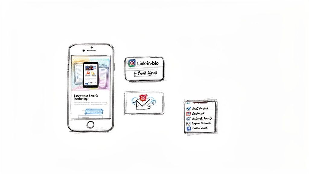 Skizze eines Smartphones mit E-Book-Inhalten, Link-in-Bio-Optionen und Social Media Marketing Strategien.