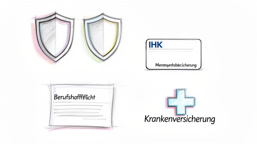 Die Illustration zeigt Symbole für wichtige Versicherungen: zwei Schilder, eine IHK-Karte, Berufshaftpflicht und Krankenversicherung.