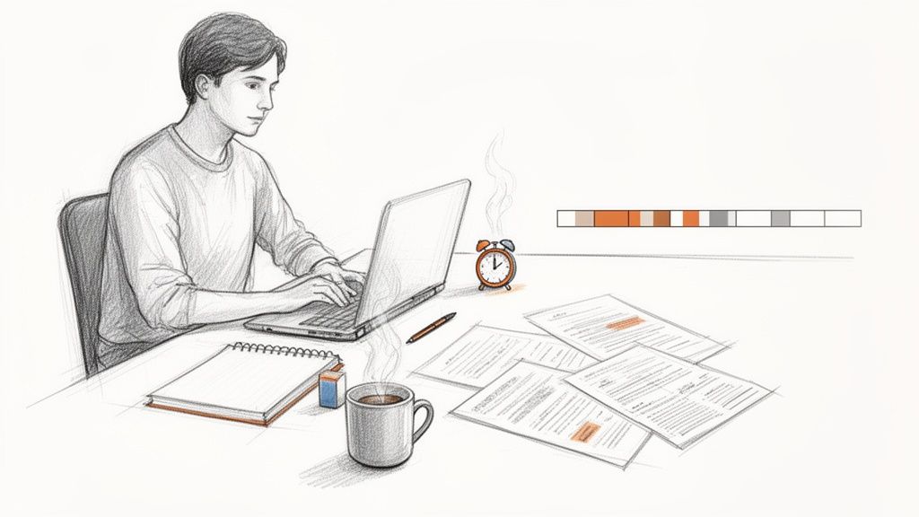 Strichzeichnung eines jungen Mannes, der am Laptop arbeitet, umgeben von Papieren, Kaffee und einer Uhr.