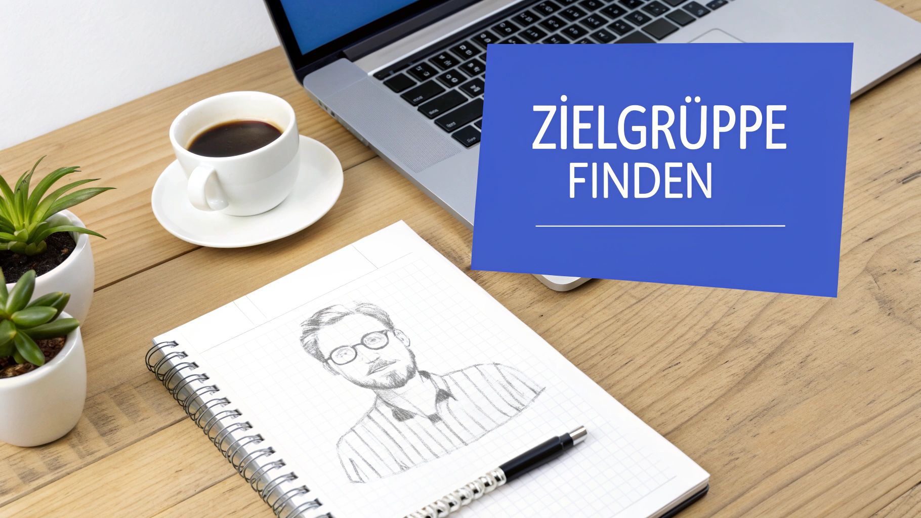 Schreibtisch mit Laptop, Kaffee, Pflanzen, Notizbuch mit Skizze und "ZIELGRIPPE FINDEN" Overlay.