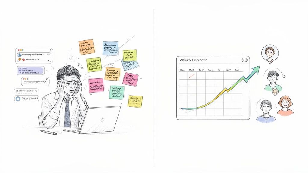 Mann überfordert mit Social Media, im Gegensatz zu organisiertem Content-Plan und zufriedenen Nutzern.