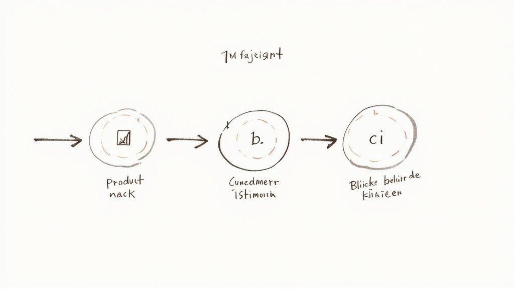 Handgezeichnetes Flussdiagramm eines Produktprozesses, von Produktentwicklung über Kundenfeedback bis hin zu Einblicken.