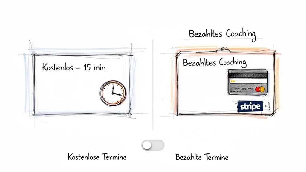 Illustration zur Auswahl zwischen kostenlosen 15-Minuten-Terminen und bezahltem Coaching mit Kreditkartenzahlung.