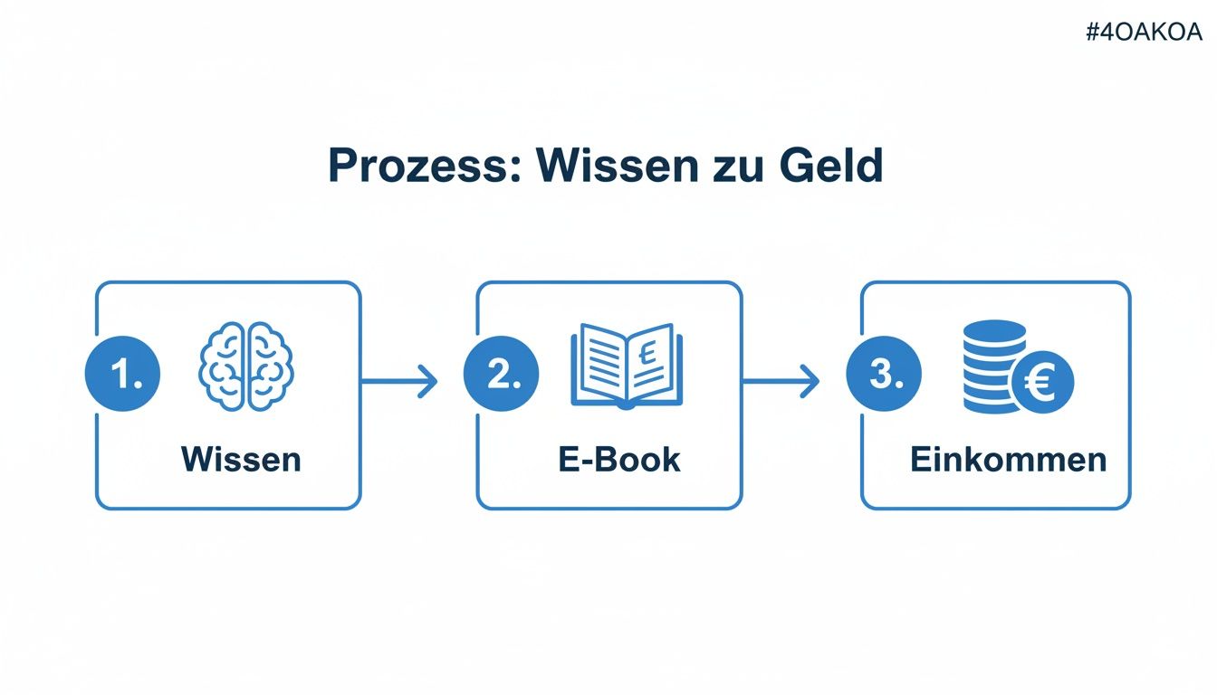 Ein dreistufiger Prozess: Wissen wird in ein E-Book umgewandelt, um Einkommen zu generieren.