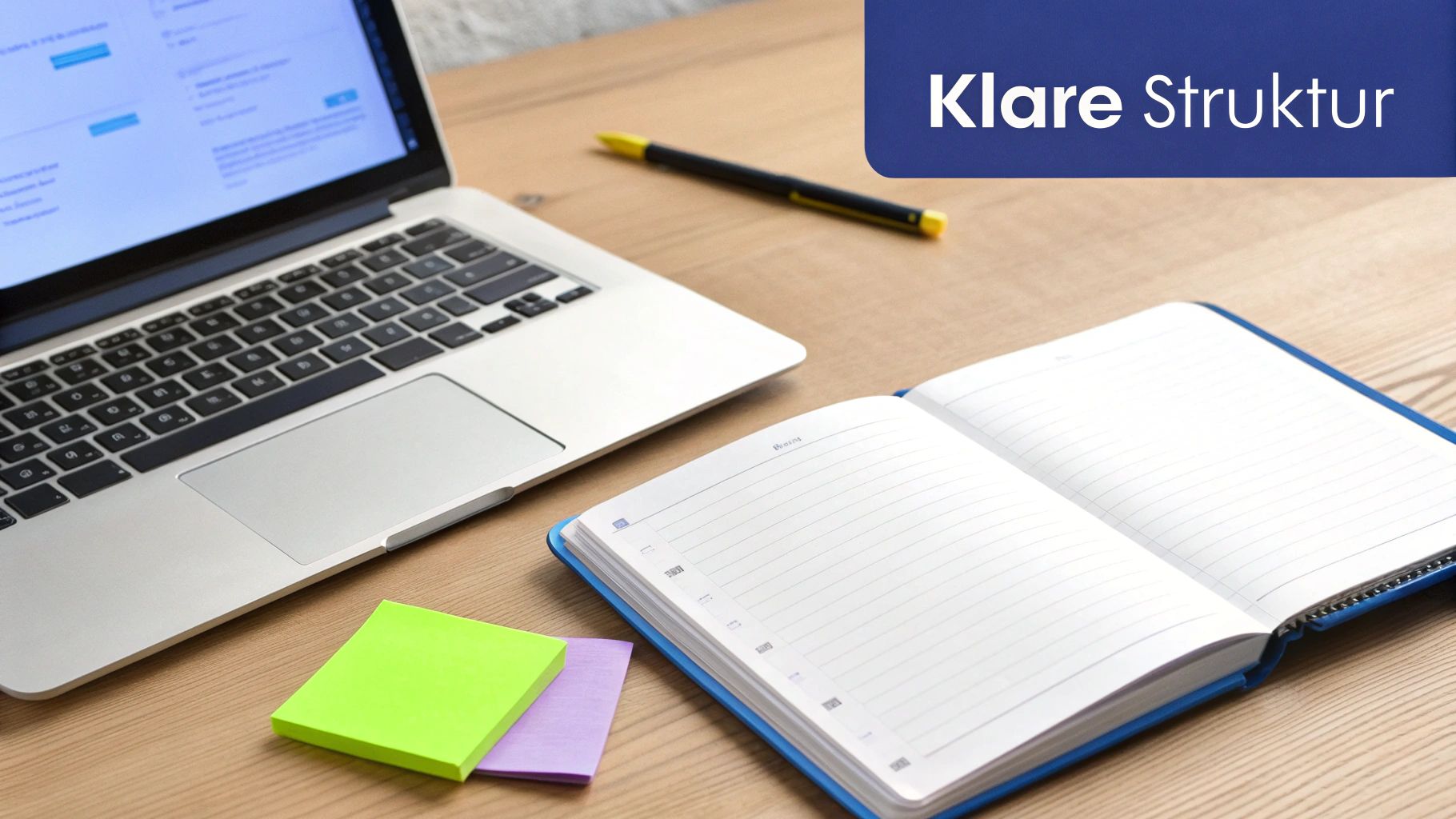 Eine Person sitzt an einem Schreibtisch und skizziert die Gliederung für ein Ebook in ein Notizbuch, umgeben von Notizen und einer Tasse Kaffee.