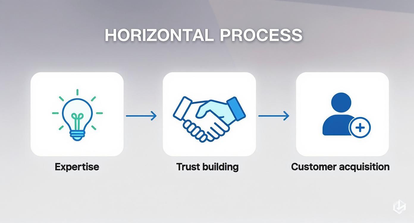 Infografik zum Prozess der Kundengewinnung durch Expertise, Vertrauen und Automatisierung.