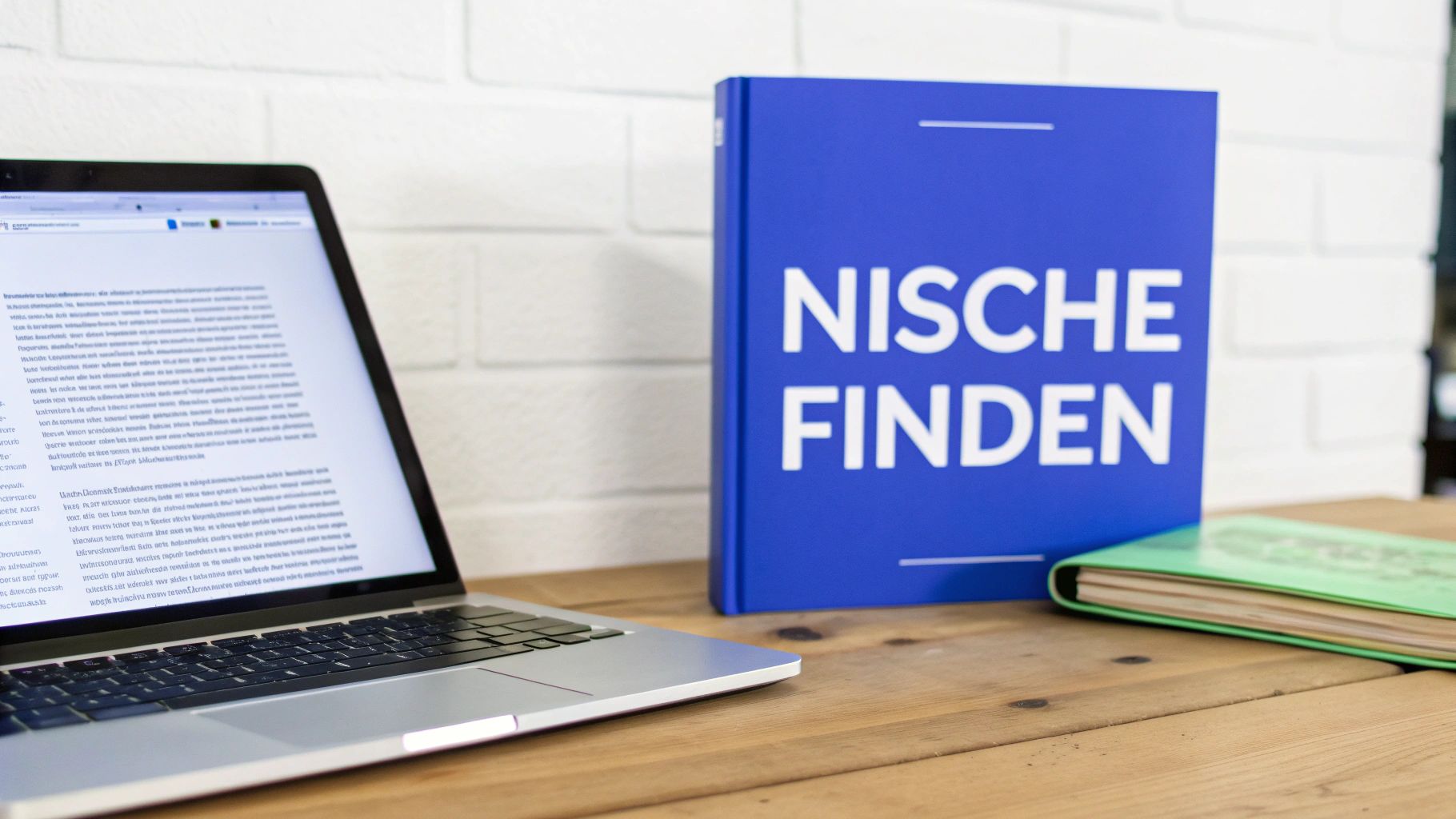 Blauer Ordner mit Aufschrift 'Nische Finden' neben Laptop auf Holzschreibtisch im Büro