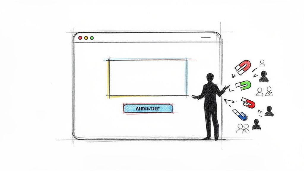 Eine Skizze zeigt eine Landingpage, wo eine Person potenzielle Kunden mittels Magneten anzieht.