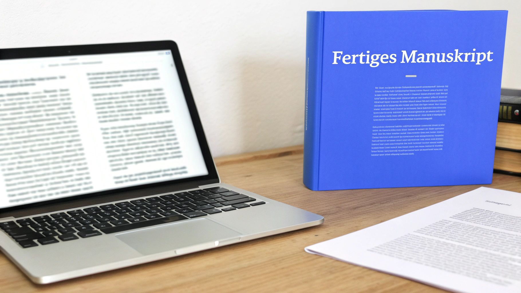 Laptop, blaues Buch 'Fertiges Manuskript' und Dokumente auf einem Holzschreibtisch für Autoren.