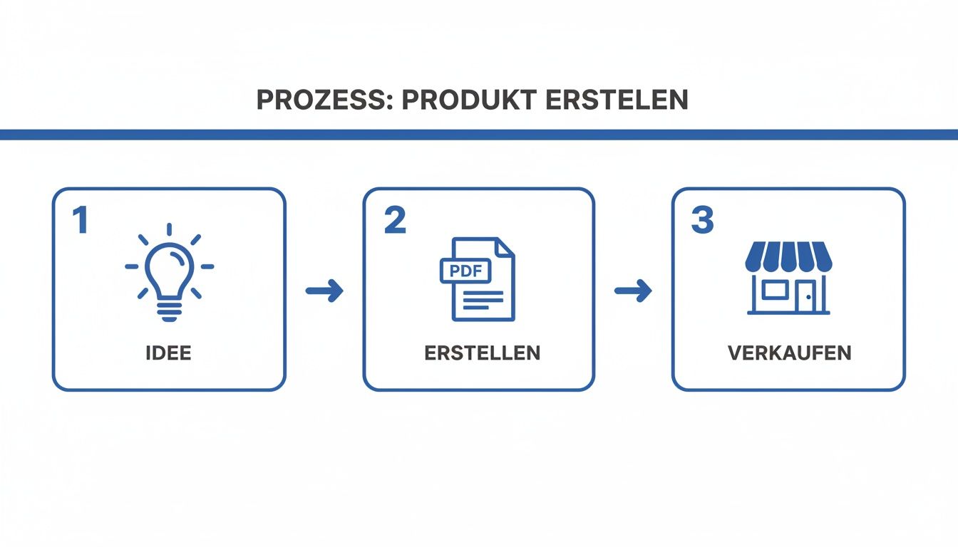 Ein dreistufiger Prozess zur Produkterstellung, illustriert mit Icons für Idee, Erstellen und Verkaufen.