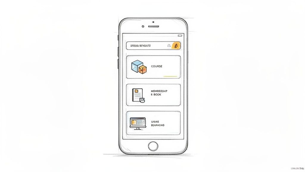 Eine handgezeichnete Skizze eines Smartphones, das eine mobile App-Oberfläche mit Menüoptionen anzeigt.