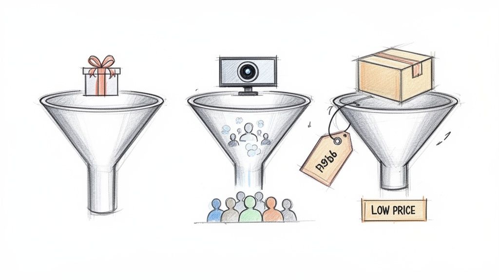 Drei Trichter, die verschiedene Online-Marketing-Strategien darstellen: Geschenk, Webinar und Niedrigpreis-Produkt.