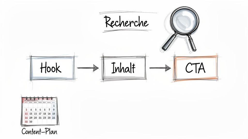 Flussdiagramm zum Content-Marketing-Prozess: Recherche, Hook, Inhalt, CTA, ergänzt durch einen Content-Plan und Lupe.