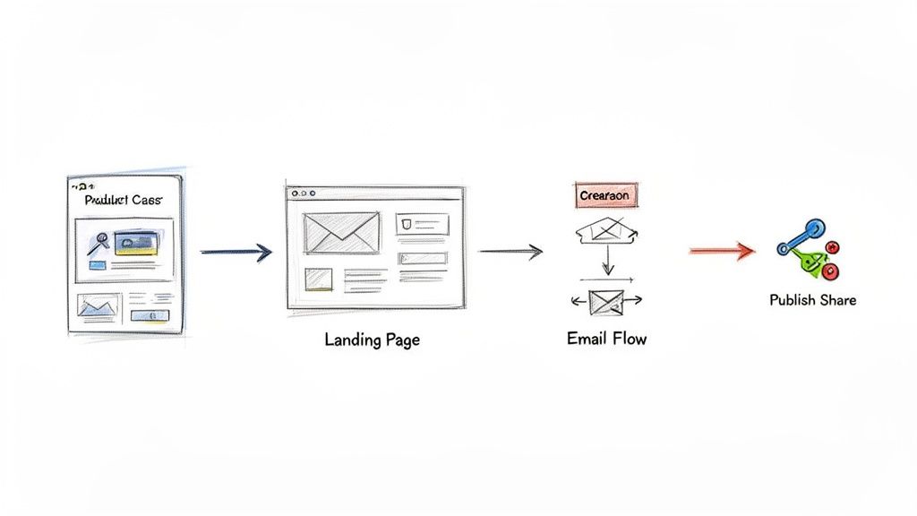 Flussdiagramm eines Online-Marketing-Funnels von Produktinformationen über Landing Page und E-Mail-Flow bis zum Teilen.