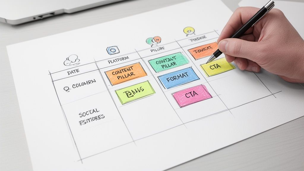 Eine Hand erstellt einen Social Media Redaktionsplan auf Papier, mit Feldern für Inhalt und Plattform.