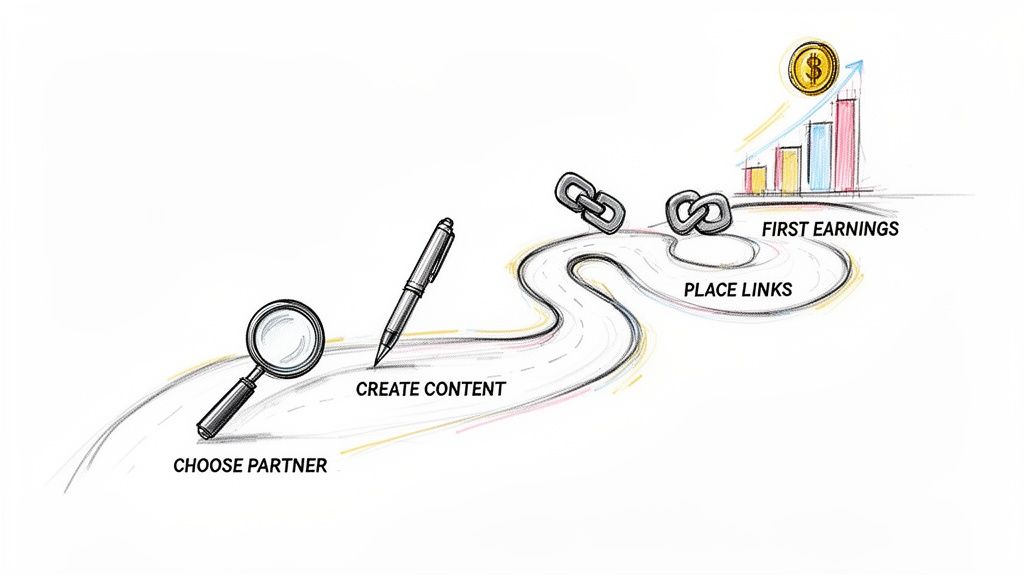 Ein handgezeichneter Weg zeigt die Schritte des Affiliate Marketings: Partnerwahl, Inhalte erstellen, Links setzen und erste Einnahmen erzielen.