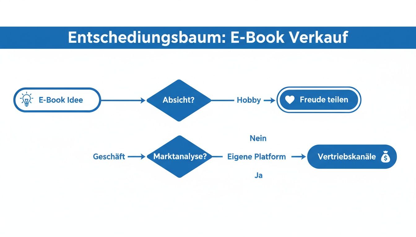 Entscheidungsbaum für E-Book Verkauf: Pfade für Hobby (Freude teilen) und Geschäft (Marktanalyse, Vertriebskanäle).