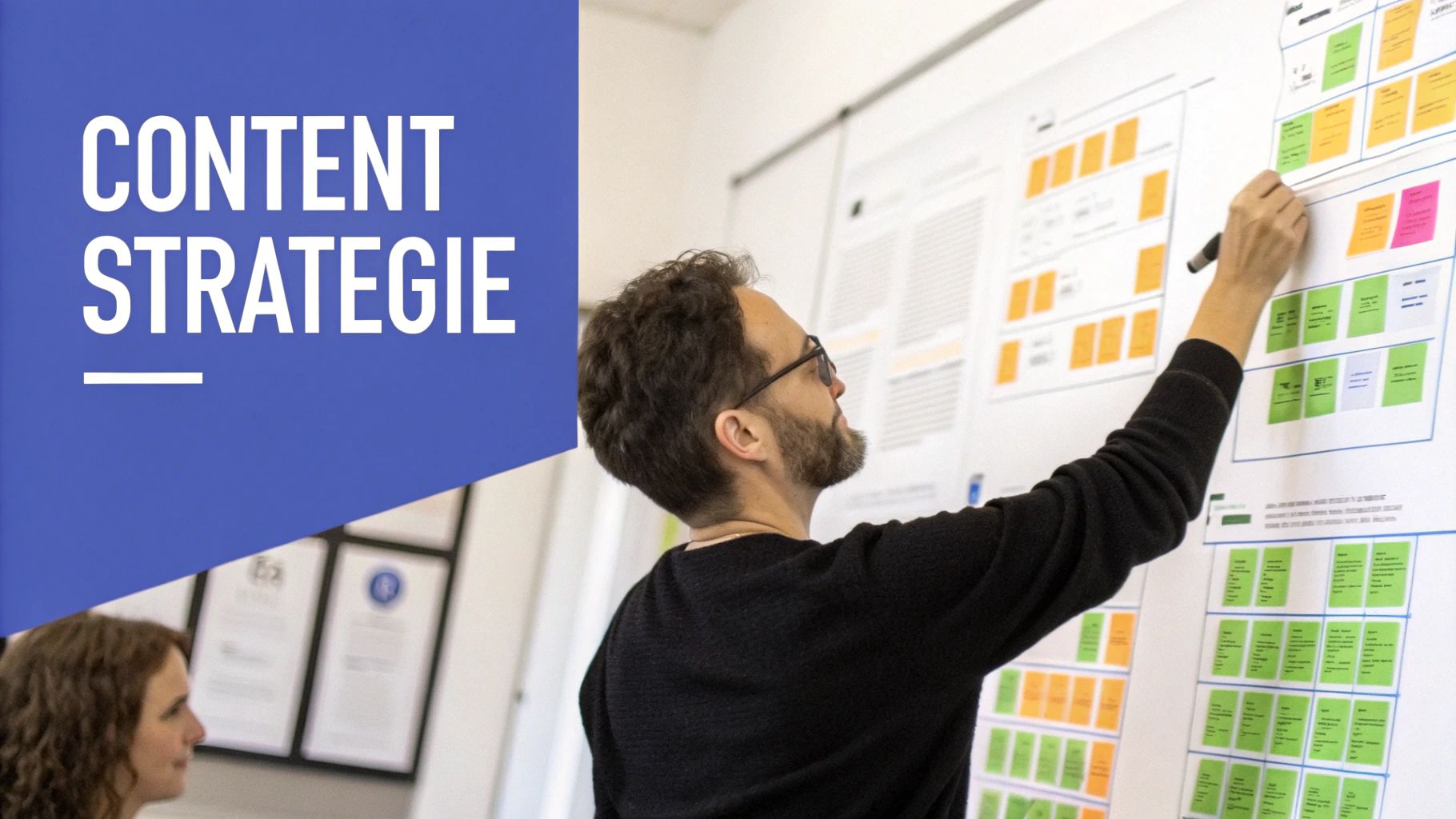 Eine strategische Darstellung von Social Media Taktiken auf einem Whiteboard mit bunten Notizzetteln