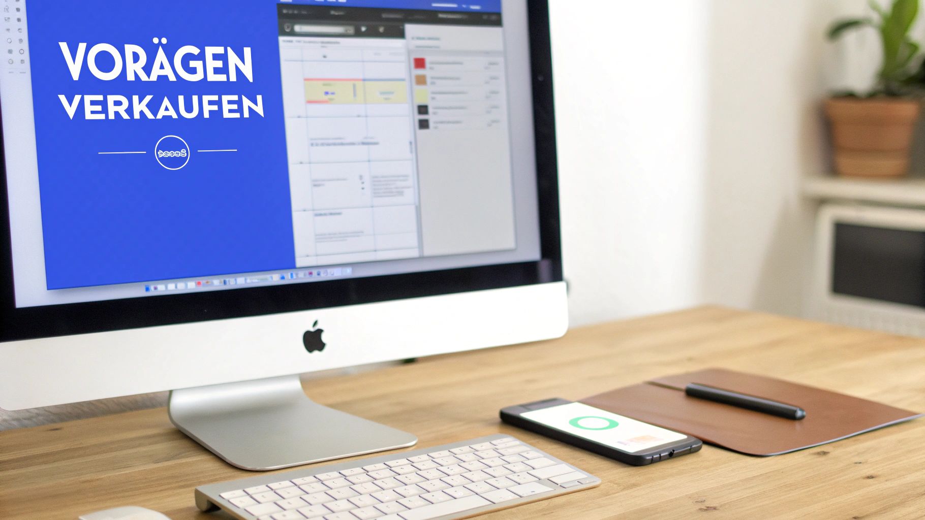 Computer-Bildschirm zeigt Verkaufsplattform für Vorägen mit Smartphone und Tastatur auf Schreibtisch