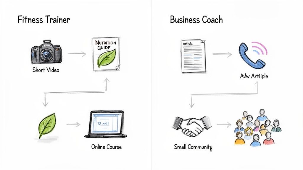 Zwei Flussdiagramme zeigen Marketing-Trichter-Beispiele für Fitness-Trainer und Business-Coaches.