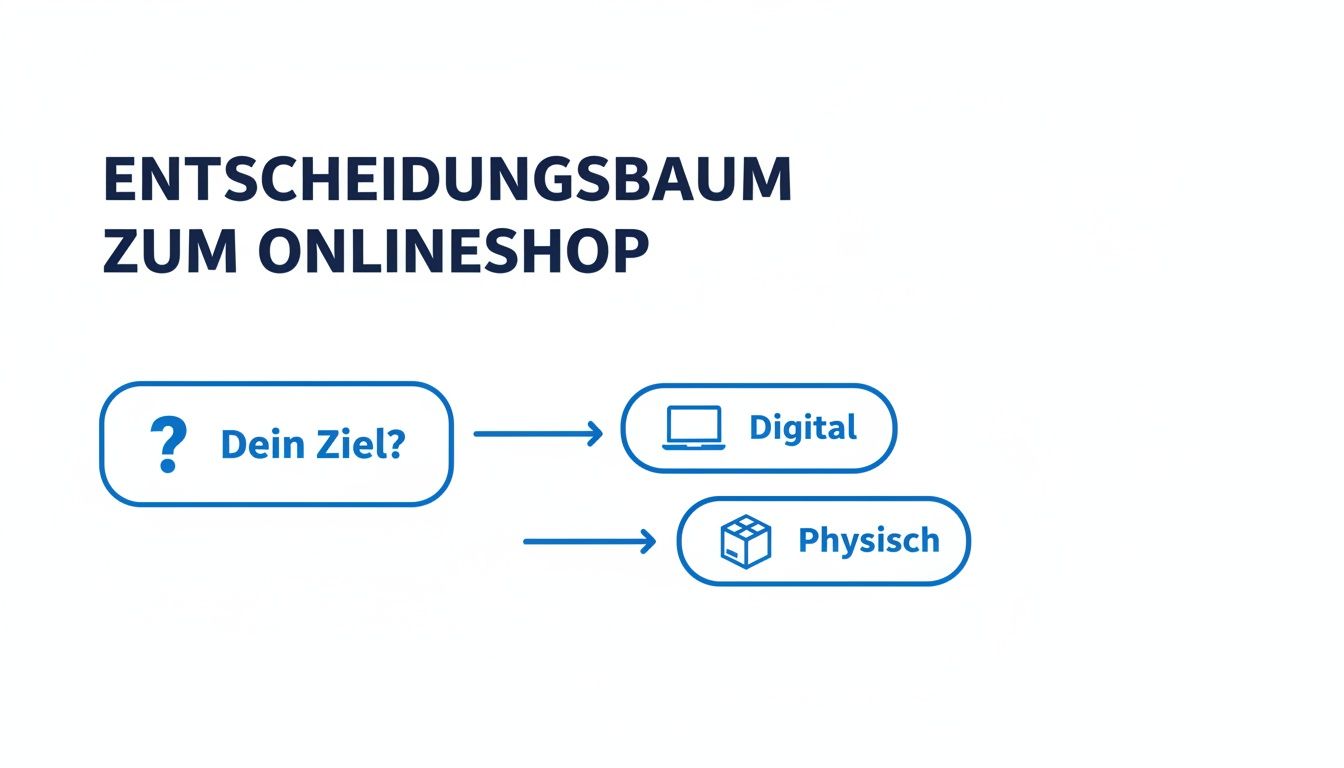 Ein Entscheidungsbaum für Onlineshops zeigt, wie man Ziele definiert: zwischen digitalem Vertrieb und physischen Produkten.