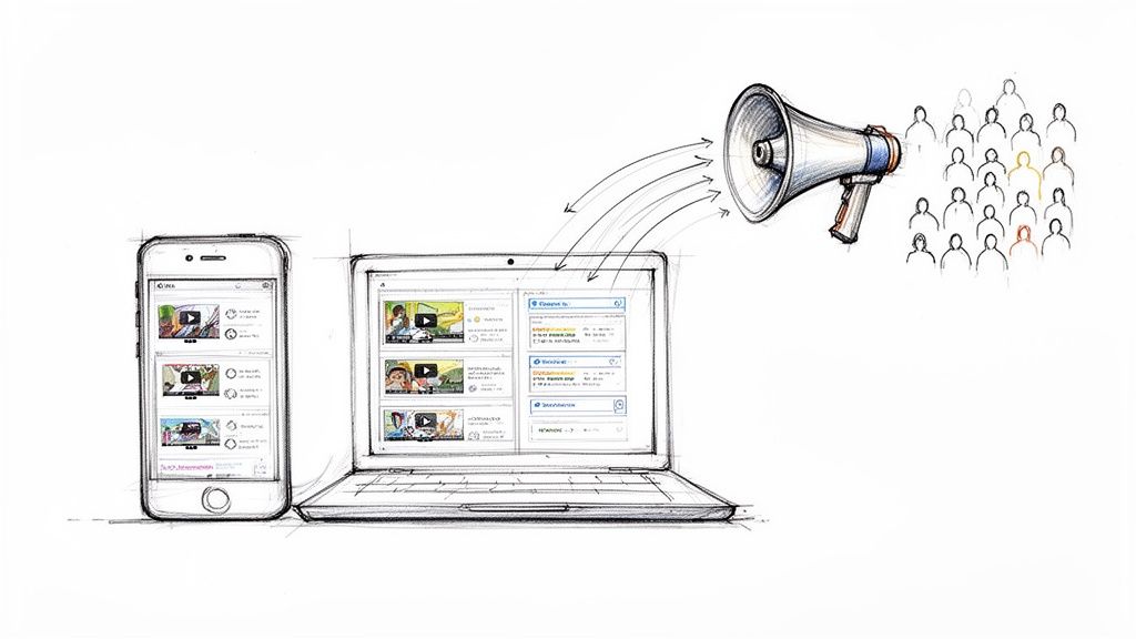 Ein Megaphon bewirbt digitale Inhalte auf Laptop und Smartphone, die eine vielfältige Zielgruppe erreichen.