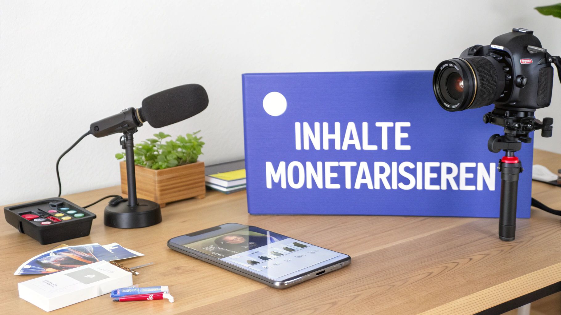 Content-Erstellung Setup mit Kamera, Mikrofon und Schild 'Inhalte Monetarisieren' auf Schreibtisch