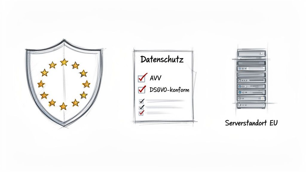 Schild mit EU-Sternen, einer Datenschutz-Checkliste (AVV, DSGVO-konform) und Servern mit dem Hinweis 'Serverstandort EU'.