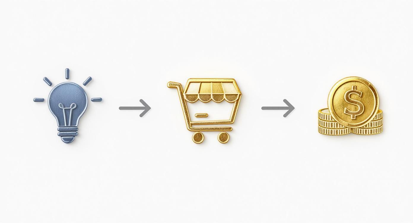 Eine leuchtende Glühbirne, ein Einkaufswagen und ein Stapel Goldmünzen symbolisieren den Prozess von der Idee zum Gewinn.