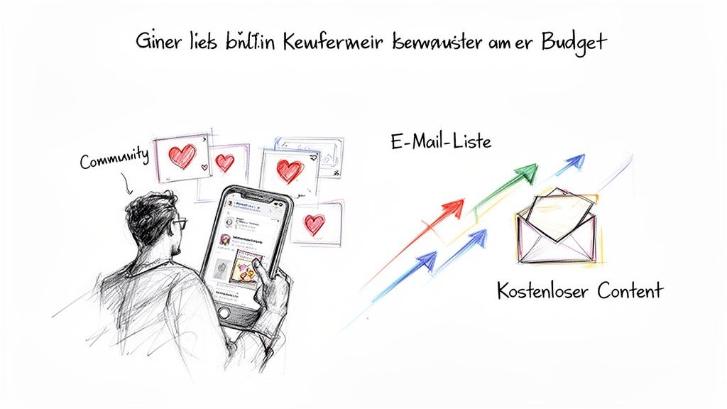 Mann nutzt Smartphone für Community-Aufbau, daneben E-Mail-Liste und kostenloser Content für Online-Marketing.