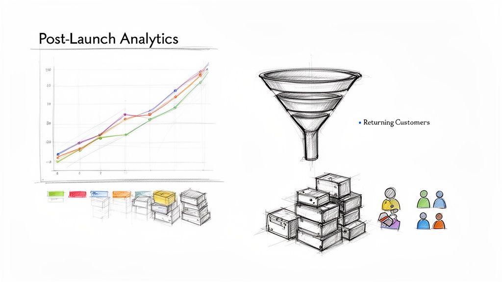 Visualisierung der Post-Launch-Analysen mit Liniendiagramm, Verkaufstrichter und Symbolen für wiederkehrende Kunden.