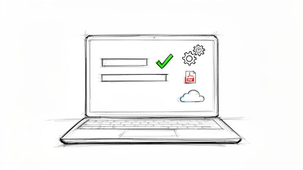 Skizze eines Laptops mit Eingabefeldern, einem grünen Haken, Zahnrädern, PDF-Symbol und Cloud-Speicher-Icon auf dem Bildschirm.