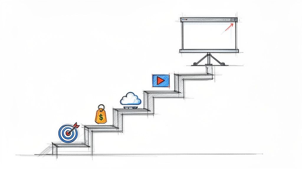 Abstrakte Darstellung des Fortschritts im digitalen Marketing, mit Symbolen wie Ziel, Geld, Cloud, Video und einem Monitor mit Pfeil.