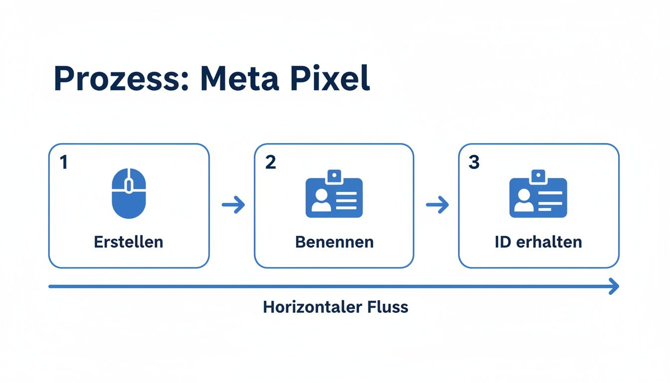 Visualisierung des Meta Pixel Einrichtungsprozesses in drei Schritten: Erstellen, Benennen und ID erhalten, als horizontaler Fluss dargestellt.