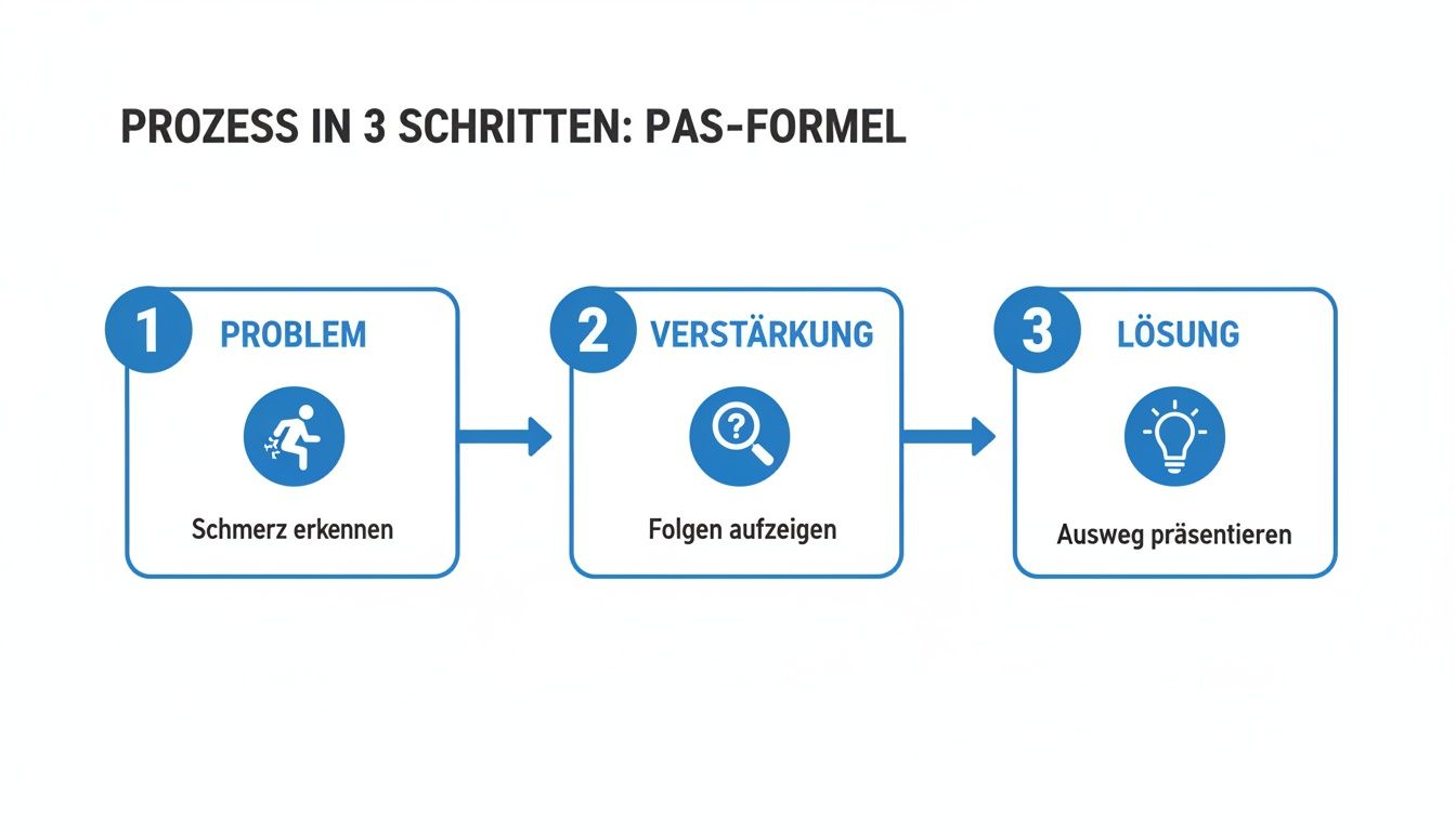 Infografik: PAS-Formel Prozess in 3 Schritten. Problem (Schmerz erkennen), Verstärkung (Folgen aufzeigen), Lösung (Ausweg präsentieren).