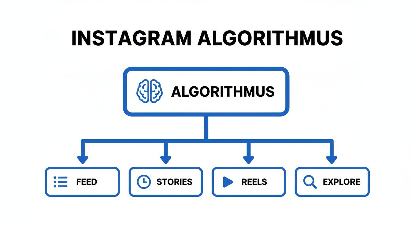Diagramm, das den Instagram Algorithmus und seine verschiedenen Bereiche wie Feed, Stories, Reels und Explore erklärt.