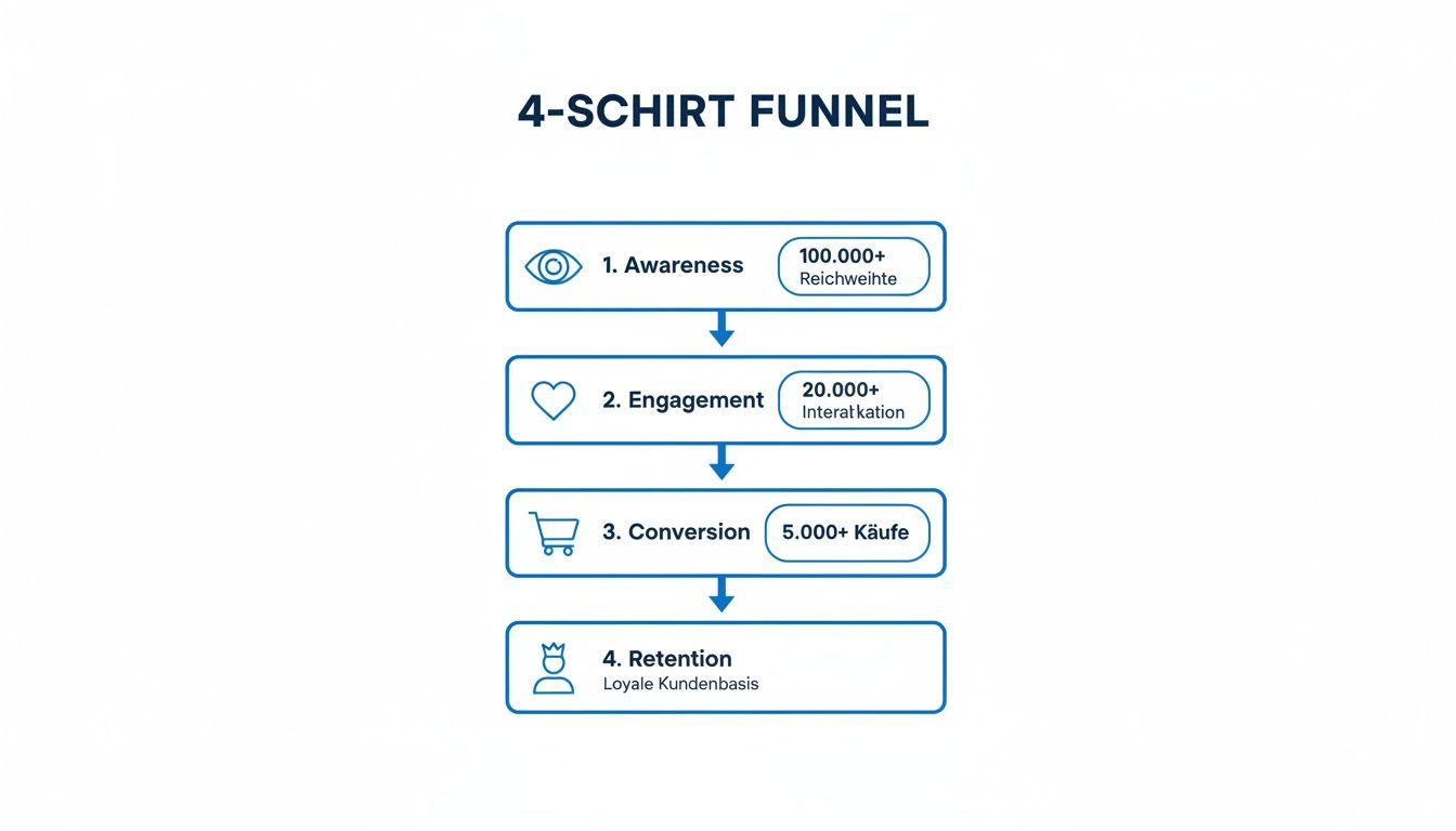 Vier-Schritt-Marketing-Funnel mit den Phasen Bewusstsein, Engagement, Konversion und Kundenbindung sowie entsprechenden Kennzahlen.