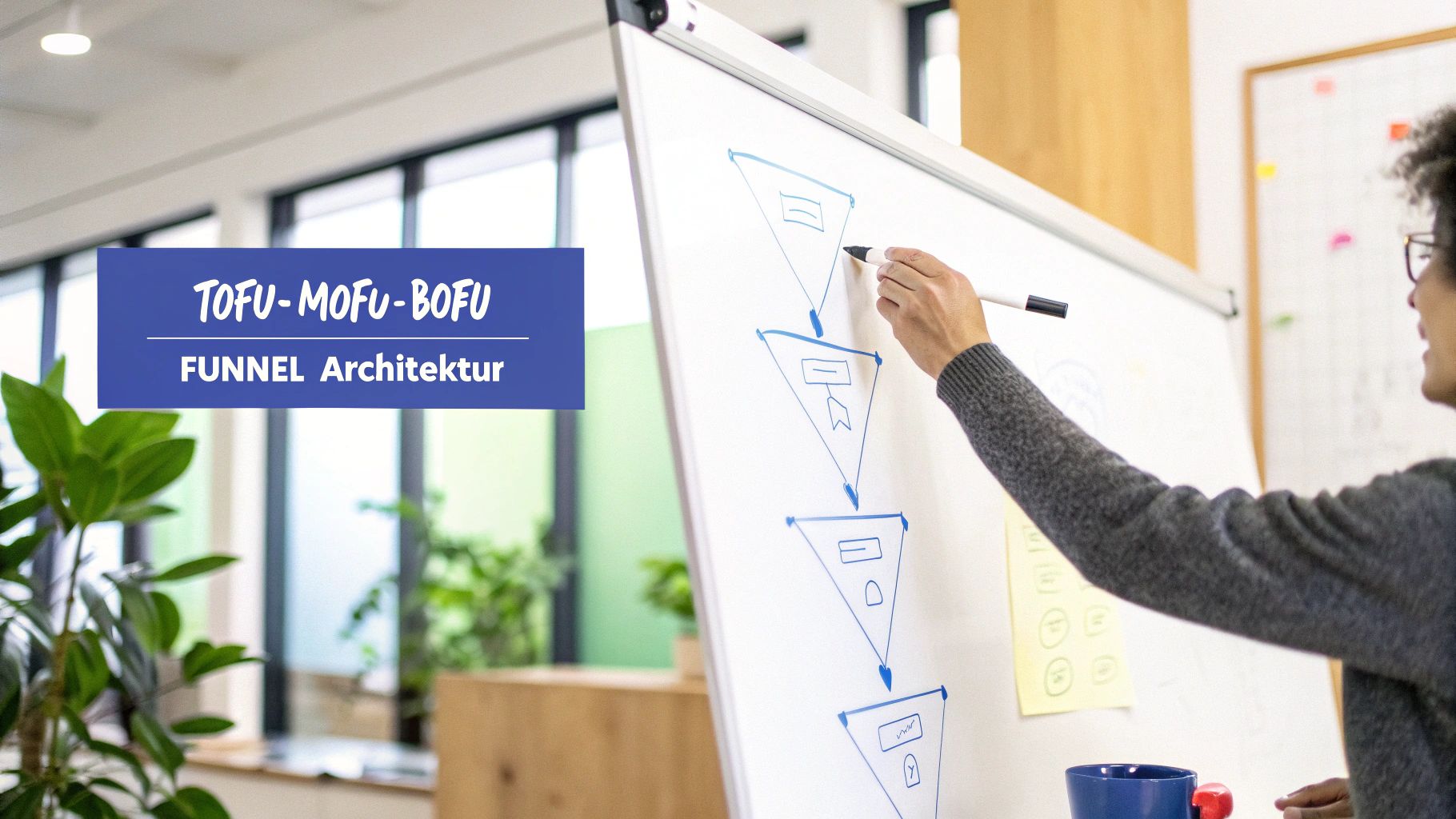 Diagramm, das die Phasen des Social Media Funnels darstellt, mit Icons für Aufmerksamkeit, Lead-Generierung und Verkauf.