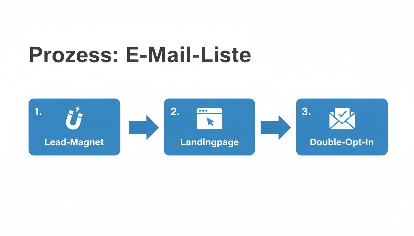 Visualisierung des Prozesses zum Aufbau einer E-Mail-Liste: Lead-Magnet, Landingpage und Double-Opt-In.