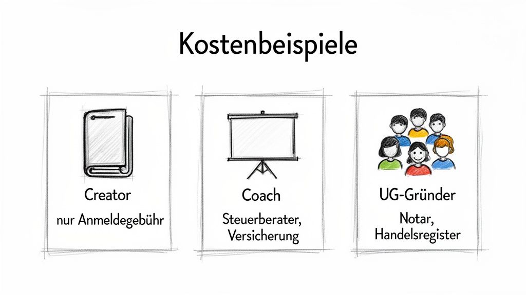 Kostenbeispiele für Gewerbeanmeldung: Creator (nur Anmeldegebühr), Coach (Steuerberater, Versicherung) und UG-Gründer (Notar, Handelsregister).