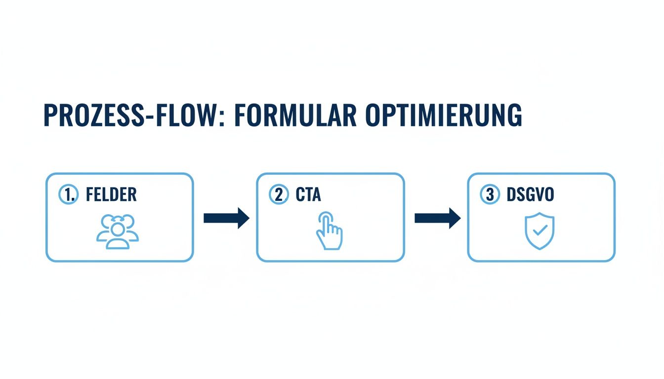 Prozess-Flow-Diagramm zur Formularoptimierung mit Schritten wie Felder, CTA und DSGVO-Konformität dargestellt.