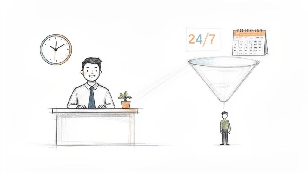 Ein lächelnder Mann am Schreibtisch, daneben eine Uhr. Ein Trichter sammelt 24/7-Eingaben und leitet sie zu einer Person.