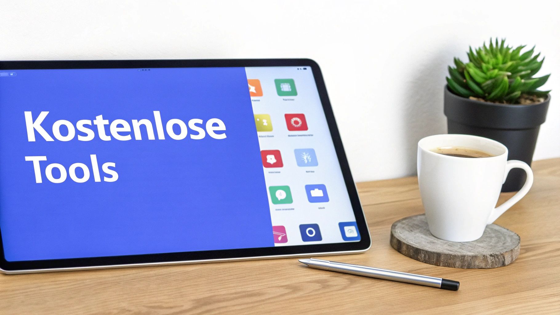 Eine Person wählt auf einem Tablet aus verschiedenen Software-Logos das passende Tool aus, um eine Landing Page kostenlos zu erstellen.