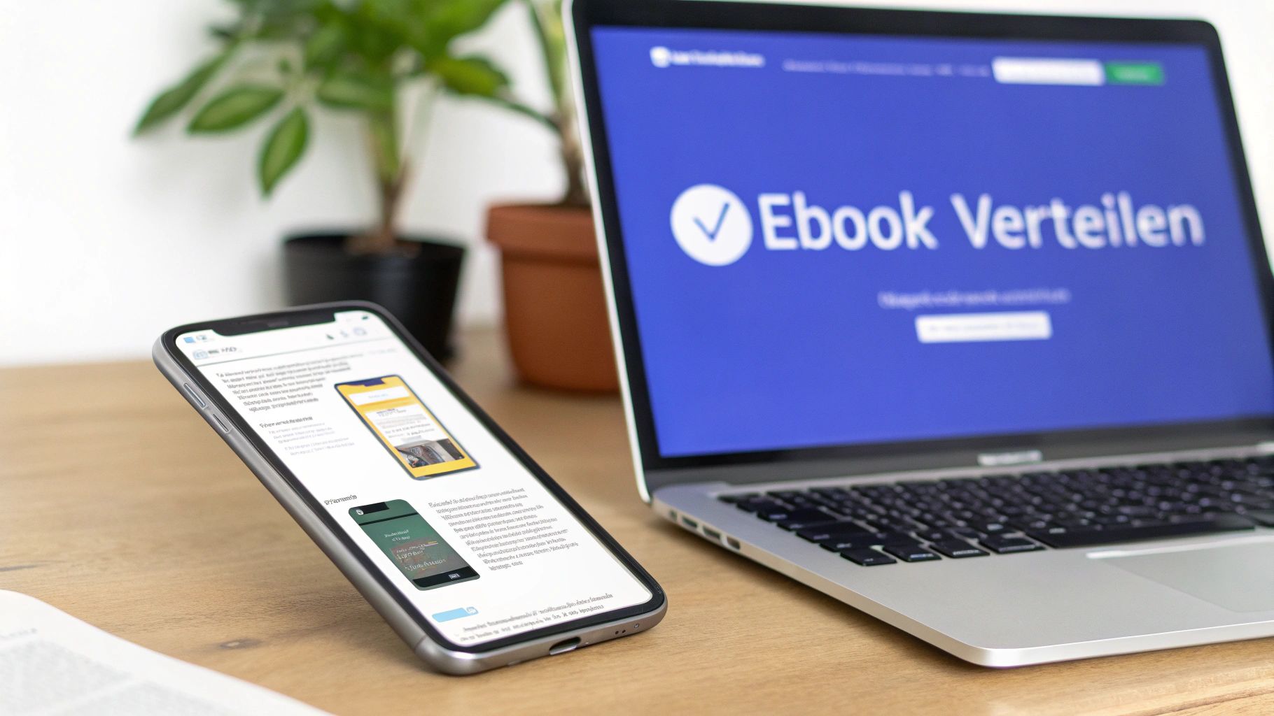 Eine Person sitzt an einem Laptop und bewirbt ihr neu veröffentlichtes E-Book in den sozialen Medien, mit Grafiken und Text-Overlays.